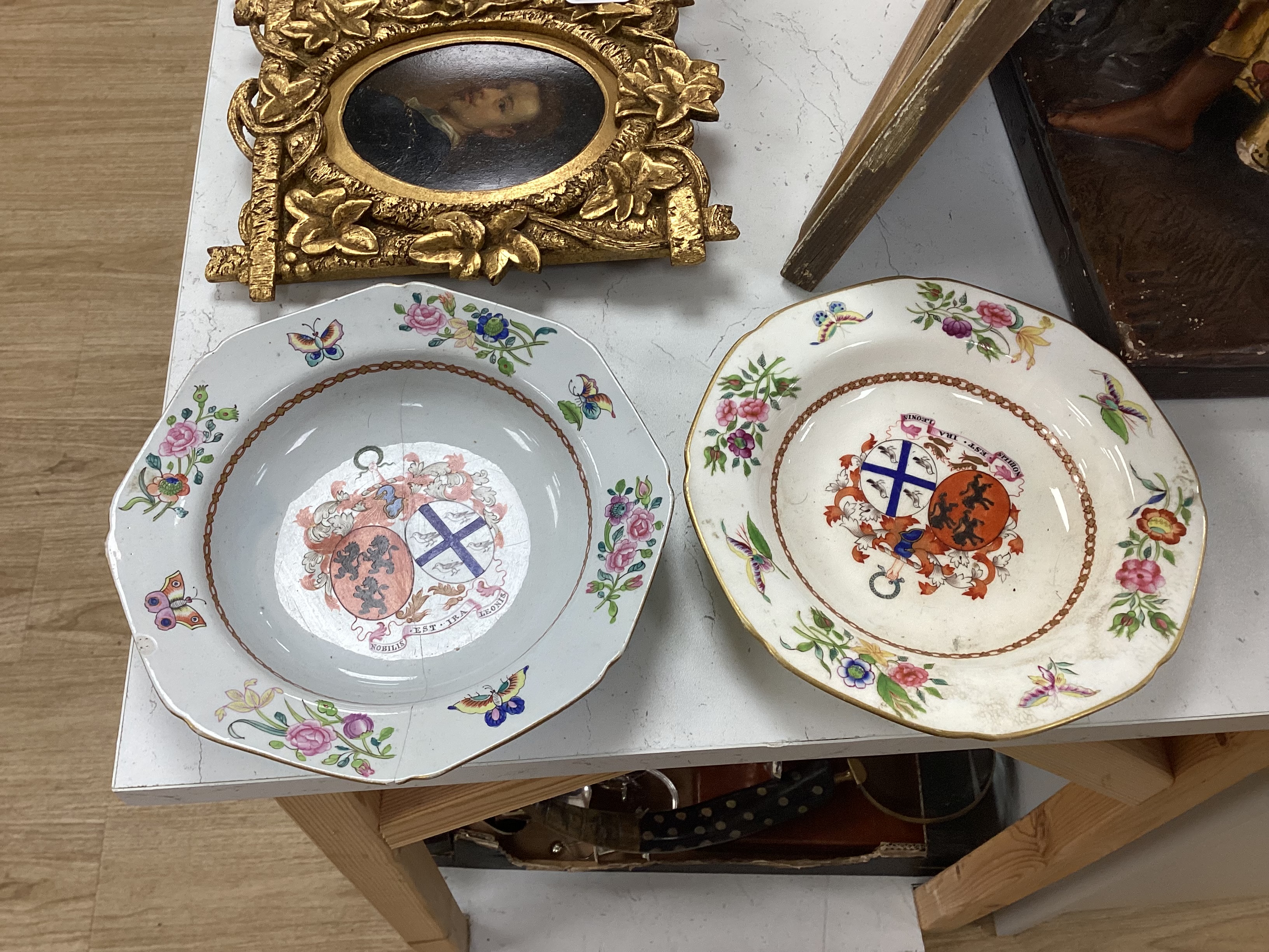 A group of Spode, Copeland & Garrett etc. stone china and porcelain armorial dinner wares, for Stuart of Bute, c.1820-50, The design in imitation of 18th century Chinese exports armorial wares, largest 28cm wide